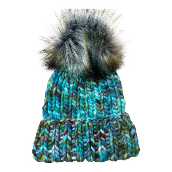 Hand knit blues/greys/greens variegated knit hat with faux fur pom main image 4